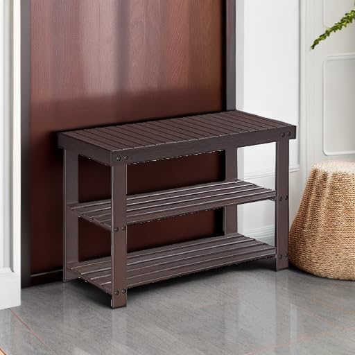 SONGMICS Shoe Rack Bench, 3-Tier Bamboo Shoe Storage Organizer, Entryway Bench, Holds Up to 286 lb, 11.3 x 27.6 x 17.8 Inches, for Entryway Bathroom Bedroom, Brown ULBS04Z SONGMICS