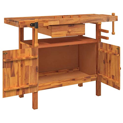 'vidaXL Solid Acacia Wood Workbench with Drawer and Vices – Ample Storage Space - Perfect for Garage, Workshop and Shed