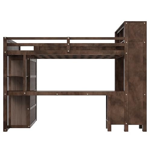 Queen Size Wooden Loft Bed with Wardrobe,Stairs and Desk,Bookcase Headboard with Storage Cabinet and USB Charging Station,for Kids Teens Adults Bedroom,No Box Spring Needed,Brown Harper & Bright Designs