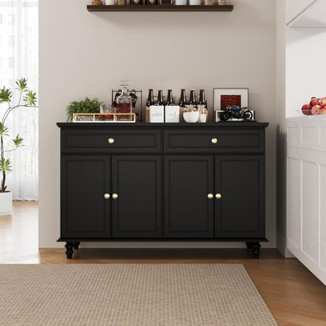 PROXRACER 47.6" Buffet Sideboard with 2 Drawers and 4 Doors, Wooden Kitchen Storage Cabinet with Adjustable Shelves, Rustic Top Console Table for Dining Room, Kitchen, or Entryway,Black PROXRACER