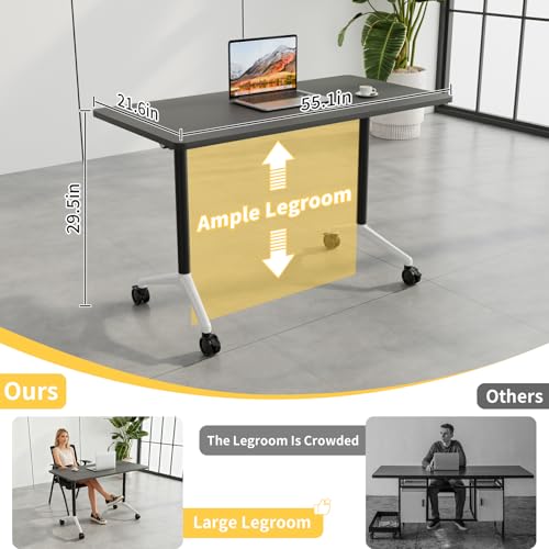 Conference Room Table, Mobile Folding Conference Table on Wheels, Modern Flip Top Stackable Training Tables, Heavy-Duty Modular Meeting Tables for Office Boardroom Classroom (8, Black-A, 55.1in) Lrxmastery