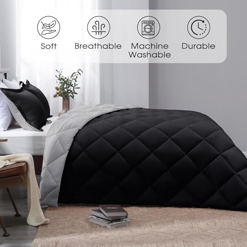 Basic Beyond Queen Comforter Set - Black Comforter Set Queen, Reversible Bed Comforter Queen Set for All Seasons, Black/Grey, 1 Comforter (88"x92") and 2 Pillow Shams (20"x26"+2") Basic Beyond