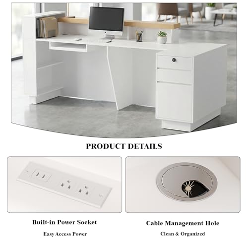 63" L-Shaped Front Desk with Built-in Outlets, Modern Reception Desk with LED Lights & Counter, White Checkout Counter with Lockable Drawers and Storage Shelves for Office, Salon, Retail and Lobby