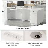 63" L-Shaped Front Desk with Built-in Outlets, Modern Reception Desk with LED Lights & Counter, White Checkout Counter with Lockable Drawers and Storage Shelves for Office, Salon, Retail and Lobby