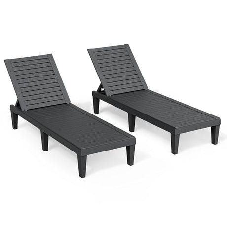 NBYSGO Outdoor Lounge Chairs Set of 2, 5-Position Adjustable Tanning Chairs with Wood Grain, All-Weather Resin Patio Recliners for Pool, Garden, Deck, Beach, Patio Lounge Chairs, Texture Black NBYSGO