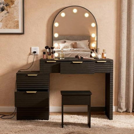 ACAGALA Modern Vanity Desk Chair Set with Mirror Light Fashionable Makeup Table with Glass Top Multi Drawers for Home Bedroom Salon Example: Adidas Blue Sneakers (Black) ACAGALA