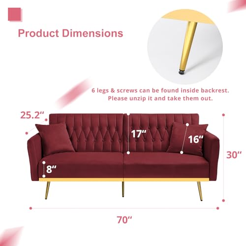 ACMEASE 70” Velvet Futon Sofa Bed with 2 Pillows and Adjustable Armrests, Convertible Sleeper Bed W/Adjustable Backrests, Modern Loveseat for Living Room, Bedroom, Red ACMEASE