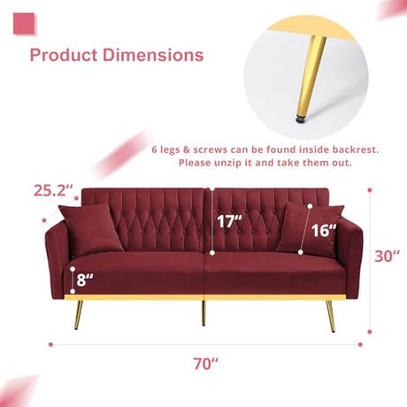 ACMEASE 70” Velvet Futon Sofa Bed with 2 Pillows and Adjustable Armrests, Convertible Sleeper Bed W/Adjustable Backrests, Modern Loveseat for Living Room, Bedroom, Red ACMEASE