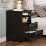 LIKIMIO Nightstand Set of 2, Night Stand with Pull Out Tray, Wooden Bedside Table with 2 Drawers and Open Shelf, Side Table for Bedroom, Black LIKIMIO