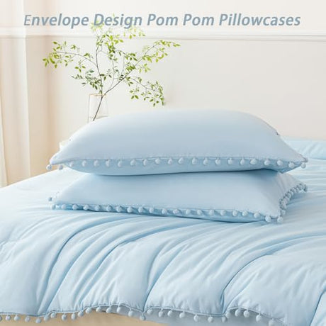 PERFEMET 5 Pieces Full Bed in A Bag Light Blue Pom Pom Bedding Set for Girls Boys Soft Fluffy Boho Solid Bedding Comforter Set with Sheets(Light Blue, Full) PERFEMET