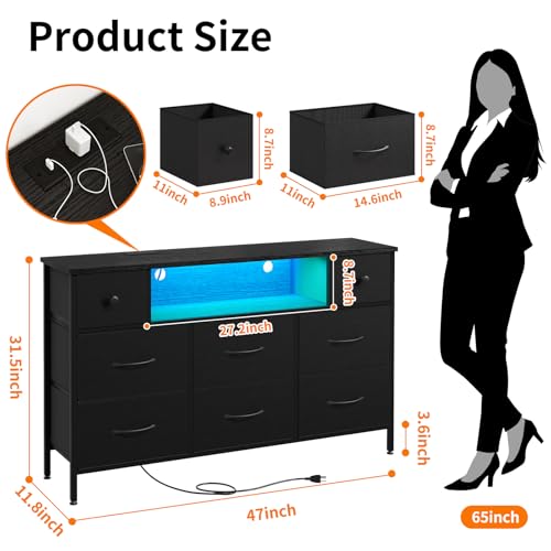 Fixwal Dresser for Bedroom with Power Outlets and LED Lights, Black 55" TV Stand with 8 Drawers, Fabric Chest of Drawers with PU Finish for Living Room, Entryway Fixwal