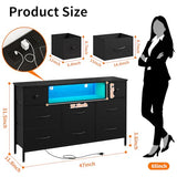 Fixwal Dresser for Bedroom with Power Outlets and LED Lights, Black 55" TV Stand with 8 Drawers, Fabric Chest of Drawers with PU Finish for Living Room, Entryway Fixwal