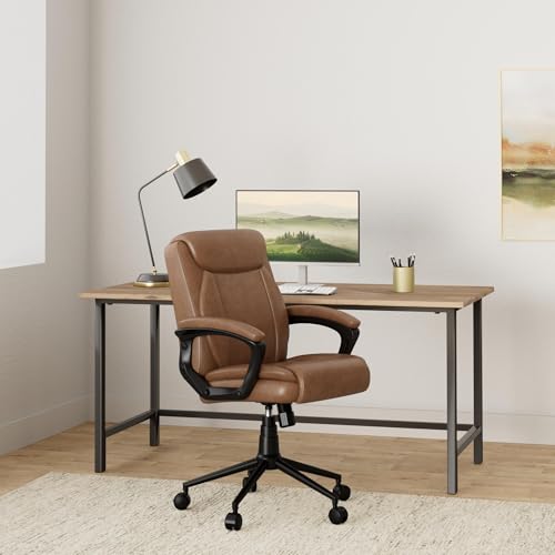 Click365 Transform 1.0 Extra Comfort Ergonomic Mid Back Desk Chair, with Padded armrests, Adjustable-Height, Tilt, Lumbar Support, Bonded Leather, Cognac Click365