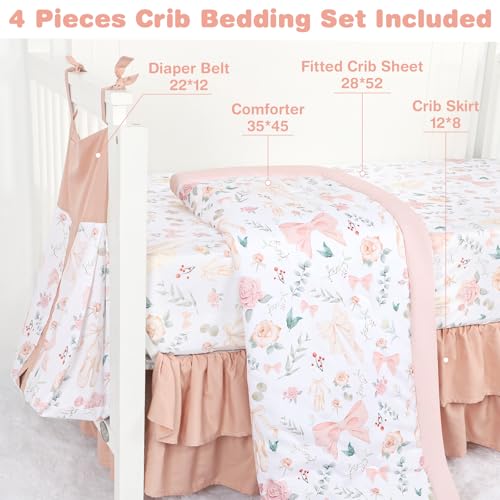GFU Crib Bedding Set for Girls 4-Piece, Bow Baby Girl Crib Bedding Set Pink Flowes, Nursery Sets Includes Comforter, Fitted Crib Sheet, Crib Skirt, and Diaper Stacker GFU