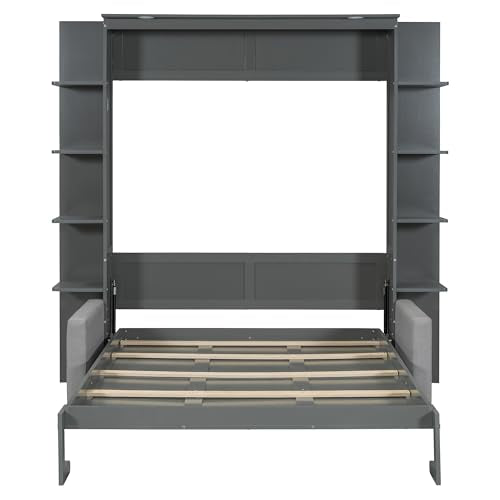 Merax Murphy Bed, Queen Size Wooden Wall Bed with Sofa for Bedroom, Wood Slat Support, No Box Spring Needed, Easy Assembly, Grey Merax