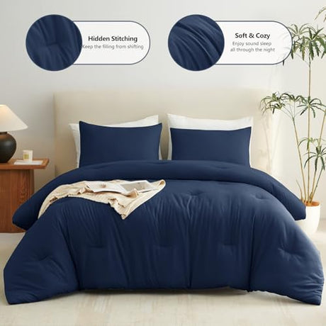 CozyLux Navy Blue Full Size Comforter Set, 3 Pieces Solid Breathable Quilted Style Bedding Sets, Luxury Fluffy Soft Bed Set with Down Alternative Comforter for All Season (1 Comforter & 2 Pillowcases) CozyLux