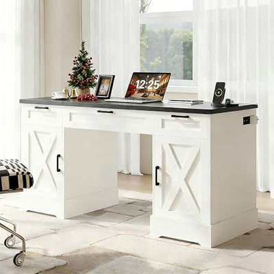 HOPUBUY Farmhouse Executive Desk with File Drawers,Wood Home Office Desk w/Charging Station,Adjustable Storage Cabinets,White Computer Writing Desk for Work,Study