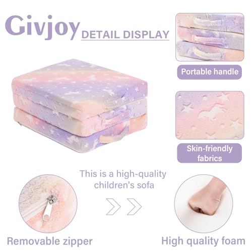 Givjoy Foldable Floor Mattress for Kids, Glow in The Dark Purple Horse Toddler Washable Folding Floor Mat for Nap Daycare, Child Trifold Futon Sofa Bed with Storage Bag for Playroom Girls and Boys Givjoy