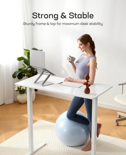 Marsail Glass Electric Standing Desk with Drawer, 48 x 24 Inches Height-Adjustable Desk, One-Piece Tempered Glass Top, Ergonomic Home Office Sit Stand Desk with 4 Preset Heights, White Marsail