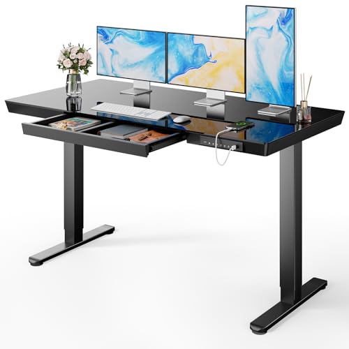 Marsail Glass Standing Desk with Drawer,55 x 28 inch Electric Standing Desk, Sit Stand Desk with One-Piece Tabletop & USB Charging Ports, Height Adjustable Desk with Storage for Home & Office Black Marsail