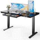 Marsail Glass Standing Desk with Drawer,55 x 28 inch Electric Standing Desk, Sit Stand Desk with One-Piece Tabletop & USB Charging Ports, Height Adjustable Desk with Storage for Home & Office Black Marsail