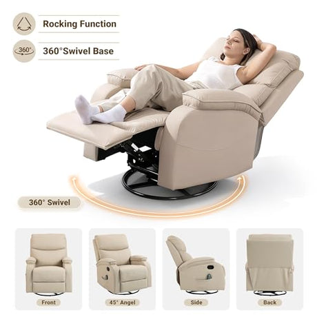 Culect 360° Swivel Rocking Recliner Chair, Massage Lazy Boy Recliner, Small Spaces Recliner for Living Room, Bedroom and Nursery, Beige Leather Culect