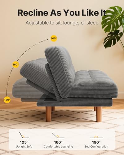 AMADA HOMEFURNISHING 65" Futon Sofa Bed, Convertible Futon Couch with Adjustable Backrest, Ergonomic Recliner Sleeper Sofa with Corduroy Fabric for Living Room, Office, Guest Room (Grey) AMADA HOMEFURNISHING