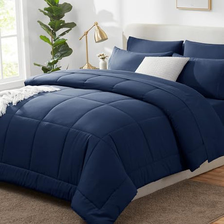 CozyLux King Size Comforter Set Navy Blue, 7 Pieces Bed in a Bag, Navy Blue Comforter King Size, All Season Bedding Sets with Stitch Quilted Comforter, Flat Sheet, Fitted Sheet, Pillowcases CozyLux