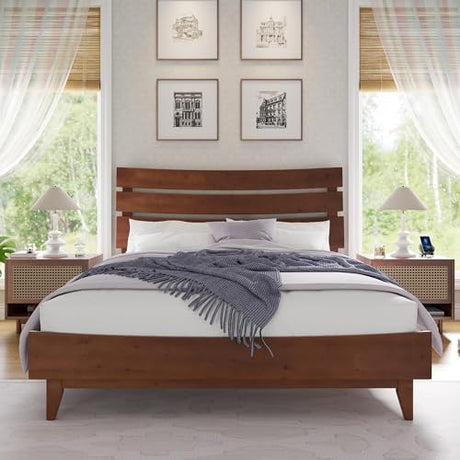 VanAcc Queen Size Solid Wood Bed Frame, Mid Century Platform Beds with Slatted Headboard, Wood Slat Support/No Box Spring Needed/Noise Free/Walnut VanAcc