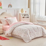 Joyreap 6pcs Cotton Comforter Sheet Set for Girls, Twin Size Bed in a Bag, Pink Floral Design, Soft n Cozy Kids Bedding Comforter Set for All Season- 68x88 inches Joyreap