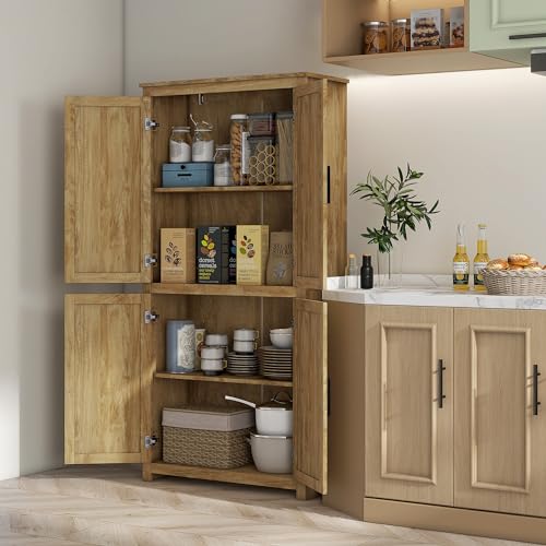 HOMCOM 64" Kitchen Pantry Storage Cabinet, Freestanding Kitchen Cabinet with 4 Rattan Doors, 4 Tier Shelves and Adjustable Shelf, Natural HOMCOM