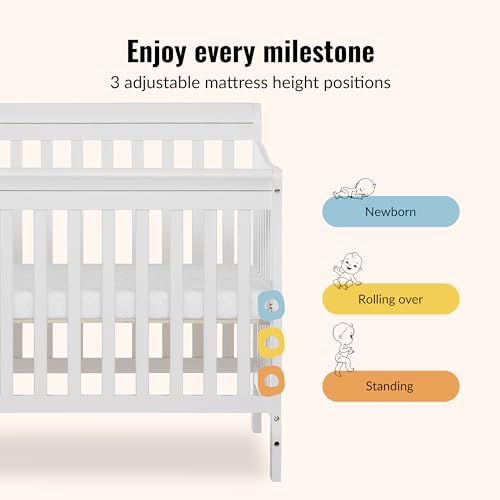 Dream On Me Aden 4-in-1 Convertible Mini Baby Crib, GREENGUARD Gold & BSA Certified, Sustainable Pinewood, Non-Toxic Finish, 3 Mattress Heights, Converts to Mini Day & Twin-Size Bed - White