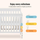Dream On Me Aden 4-in-1 Convertible Mini Baby Crib, GREENGUARD Gold & BSA Certified, Sustainable Pinewood, Non-Toxic Finish, 3 Mattress Heights, Converts to Mini Day & Twin-Size Bed - White