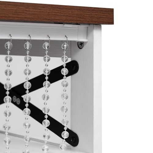 Ball & Cast Farmhouse Kitchen Island with Drape of Beads & Power Outlet, Rolling Kitchen Cart on 5 Wheels, 3 Drawers, Internal Iron Shelf & Towel Rack, for Kitchen & Dining Room, White Ball & Cast