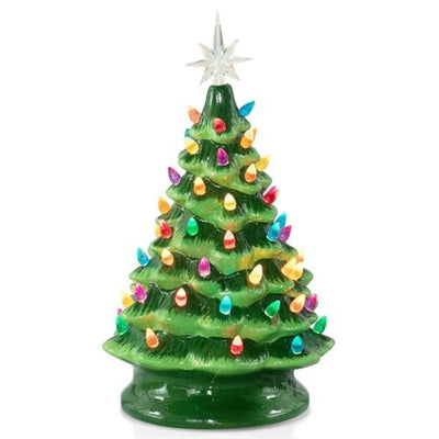13 Inch Ceramic Christmas Tree, Tabletop Christmas Tree with Multicolored LED Lights and Star Topper, Battery Operated Vintage Lighted Ceramic Tree for Home Office Table Holiday Decorations, Green