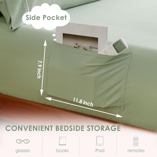 JSD Sage Green Twin Sheet Set with Side Pocket Corner Straps, 3 Piece Soft Kids Microfiber Bed Sheets Extra Deep Pocket JSD