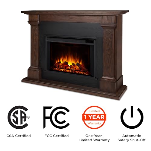 Real Flame Callaway 63" Grand Electric Fireplace with Mantel in Chestnut Oak, Free-Standing Oversized Indoor Electric Fireplace with Mantel, Adjustable Thermostat, Automatic Safety Shut-Off. Real Flame