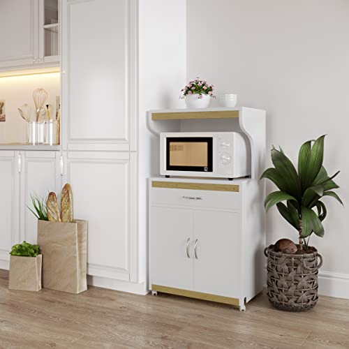 Lavish Home Microwave Stand with Storage – Rolling White Cabinet with Doors, Drawer, and Locking Wheels – Freestanding Wood Cart (White and Oak) Lavish Home