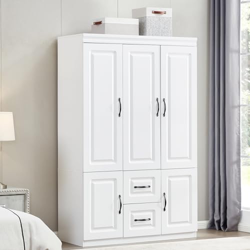 ModMakers 74''H Closet Wardrobe Closets 3 Doors Armoire Wardrobe Closet Wood White Storage Closet Wardrobe Cabinet Bedroom Armoires with Hanging Rod 2 Drawers Clothes Wooden Cabinet