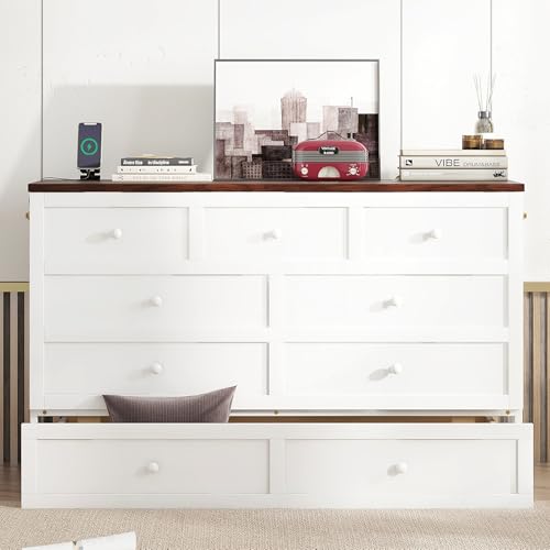 DaiNNCN Cabinet Murphy Bed with Storage Drawer and Charging Station,Cube Foldable Platform Bed,Space-Saving for Living Room,No Box Spring Needed,Queen Size,White+Walnut DaiNNCN