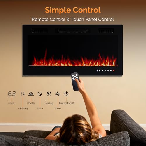ROVSUN 36 Inch Electric Fireplace with Remote, 1500W Wall Mounted & Recessed Fireplace with Timer, 12 Flame Color, 5 Brightness, Crystal Set ROVSUN