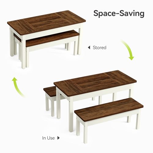 LITTLE TREE Dining Table Set for 4, Small Space Saving Farmhouse Kitchen Chairs, Compact 3-Piece Kitchen and Dining Room Furniture with 2 Wood Benches LITTLE TREE