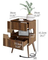 JOONEE Nightstand with Charging Station and LED Lights,Modern Bedside Table with 2 Storage Drawer,Night Stand with Solid Wood Legs,White (Walnut Brown) JOONEE