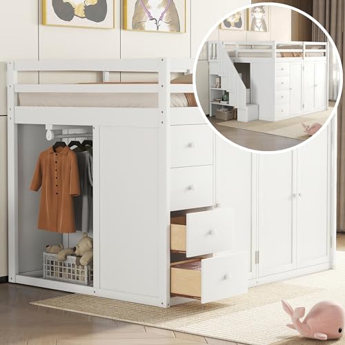 Ball & Cast Full Size Loft Bed with Storage Staircase & Safety Guardrail,Sturdy Wood Bedframe W/ 3 Cabinets & 4 Drawers,Built-in Wardrobes,Space Saving,for Boy Girl Kids Small Bedroom Dormitory,White Ball & Cast