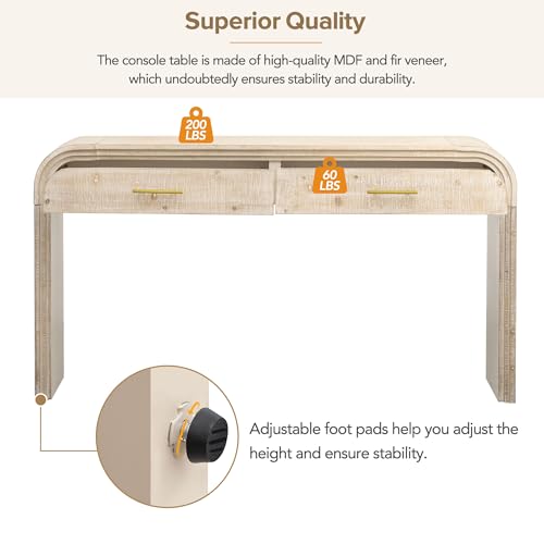 VilroCaz Unique Retro Curved Console Table with 2 Top Drawers, Versatile 59'' Long Accent Entryway Table Sofa Table for Entrance, Dinning Room, Living Room (Natural-C5) VilroCaz