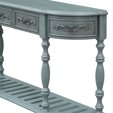 Amposei Retro Wood Curved Console Table 52-Inch Half Moon Hall Sofa Table Entryway Table with Drawers & Shelf for Living Room Home Furniture (Antique Blue) Amposei