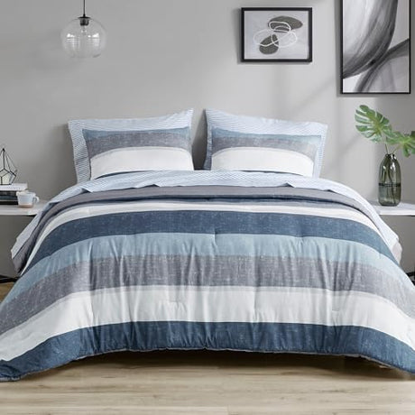 Madison Park Essentials Jaxon Bed in a Bag Comforter Set with Sheet, Printed Stripe Design, Modern All Season Bedding and Matching Sham, Queen Blue/Grey 7 Piece Madison Park