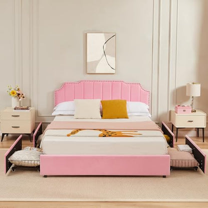 VECELO Full Size Upholstered Platform Bed Frame with 4 Drawers&Tufted Adjustable Headboard/Mattress Foundation/Wood Slat Support,Easy Assembly,Pink