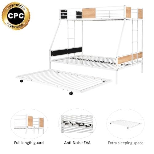 UOCFYK Twin Over Full Bunk Bed with Trundle for Kids/Teens/Adults,Heavy-Duty Bunk Bed with Ladders & Guardrail,Space-Saving,No Box Spring Needed,White