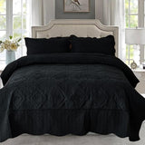 Cmfshape Floral Embroidery Quilt Set,3 Pieces Queen Quilt Bedding Set,Classic Diamond Pattern Quilts,Ultra Soft Lightweight Reversible Bedspread Coverlets for All Season(Black,90"x90") Cmfshape